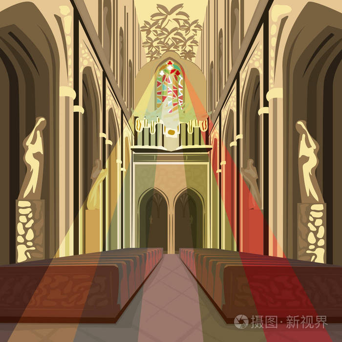 教堂彩色玻璃的多色太阳光线