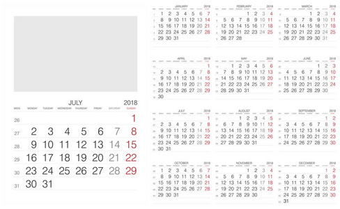 日历.2018日历。矢量打印模板