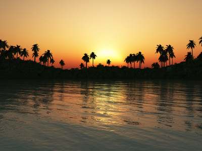日落时的热带泻湖。