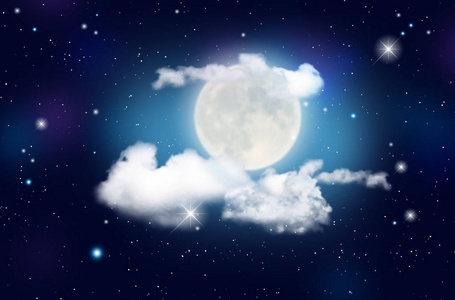 蓝色的夜空有云, 闪亮的星星和月亮