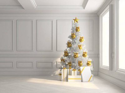 室内有圣诞树和礼物盒的 3d 插图