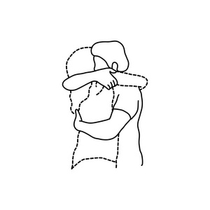 男子拥抱他的透明虚线恋人矢量插图素描手绘黑色线在白色背景上隔离