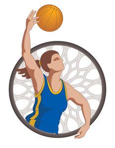 篮球运动员女性投掷篮球与箍在背景