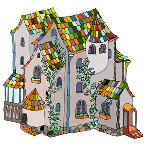 童话明亮的创造性的房子与植物在白色背景。矢量插图