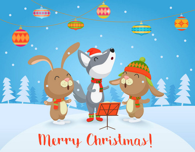 矢量圣诞快乐卡与可爱的狼和兔子朋友一起唱歌。圣诞快乐