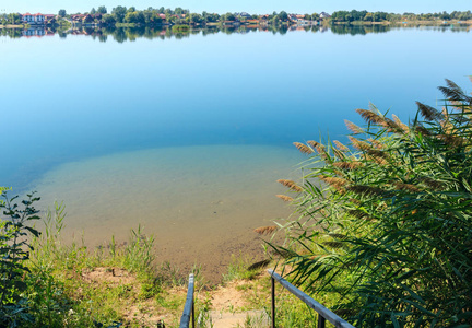 夏天湖平静的海滩与木头泡对水