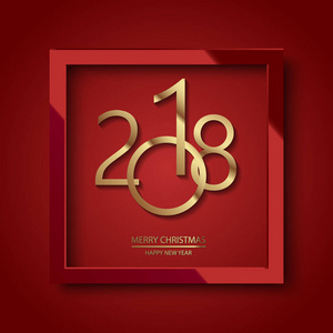 新年快乐2018红色背景与红色框架和金子文本。圣诞贺卡。矢量