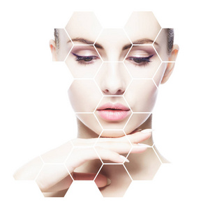 整形脸在蜂窝的年轻女子的脸.