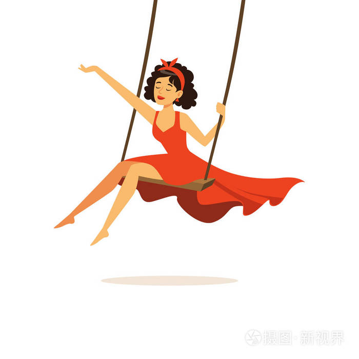 美丽的年轻女子在红裙摇摆, 女孩穿着复古风格的矢量插图插画-正版商