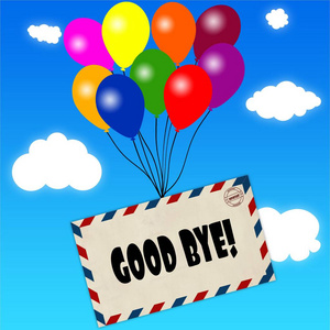 信封与好再见消息附有五颜六色的气球在蓝天和云彩背景