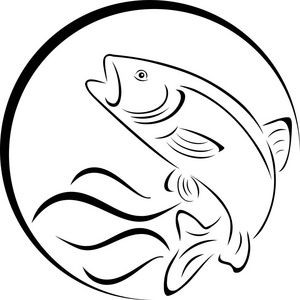 鳟鱼, 鱼和水波, 鱼, 贴纸标签插画