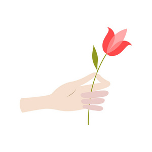 矢量情人节贺卡在平的样式男性手拿着一朵红花在平的样式