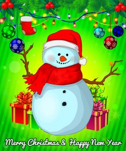 动画片圣诞雪人与礼物箱子在绿色背景