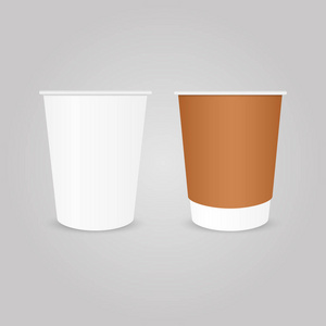 实事求是的 3d 设置的咖啡纸杯。纸上的咖啡杯模型。矢量模板
