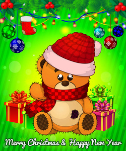 卡通圣诞泰迪熊与礼品盒绿色背景