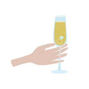矢量情人节贺卡在平面风格男性手捧着一杯香槟与戒指在平坦的风格