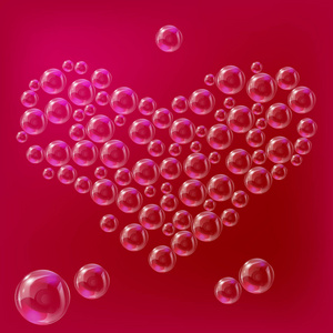 透明肥皂泡沫的心脏在红色背景