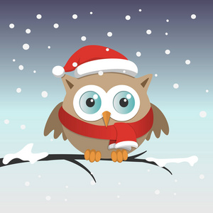 在雪天的树枝上戴着圣诞老人帽子的雄性猫头鹰