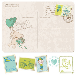 小男孩生日明信片和一套邮票
