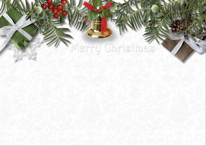 圣诞贺卡, 带铃铛, 冬青和白色背景礼物