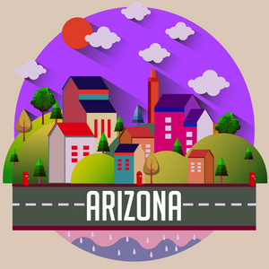 多彩的矢量插图, 城市建筑, 道路, 树木, 山脉, 云层和文字亚利桑那州