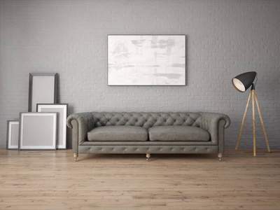 在砖墙背景下用真皮沙发模拟现代客厅