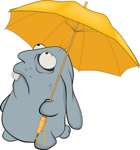 蓝色兔子和雨伞。 卡通漫画