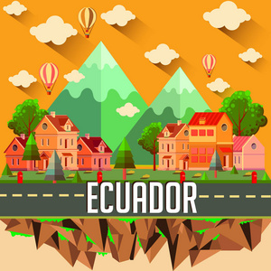 五颜六色的向量例证以城市大厦汽车路树山云彩和文本厄瓜多尔