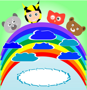 可爱的孩子和动物观赏彩虹