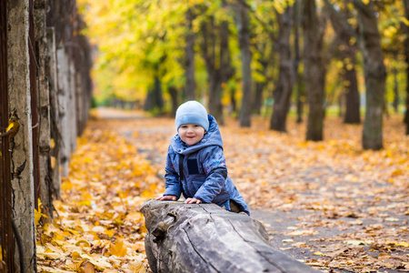 1岁的小男孩在落叶上行走