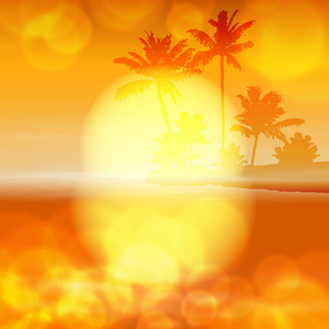 海上夕阳与棕榈树和镜头上的光