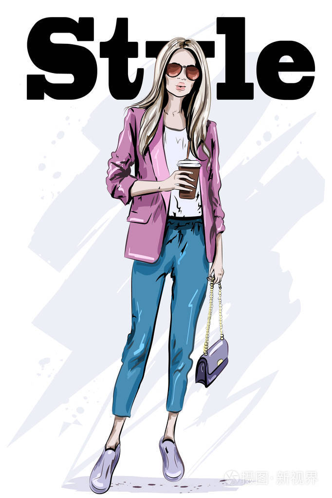 插画 手绘的时尚女性在太阳镜.美丽的年轻女子与袋.时髦的女士素描.