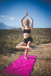 在户外练习瑜伽的女性模型做伸展运动平衡