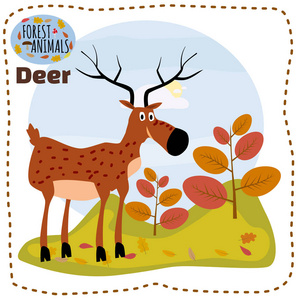 逗人喜爱的鹿, 在风景的背景与森林树森林动物卡通样式横幅媒介例证的元素