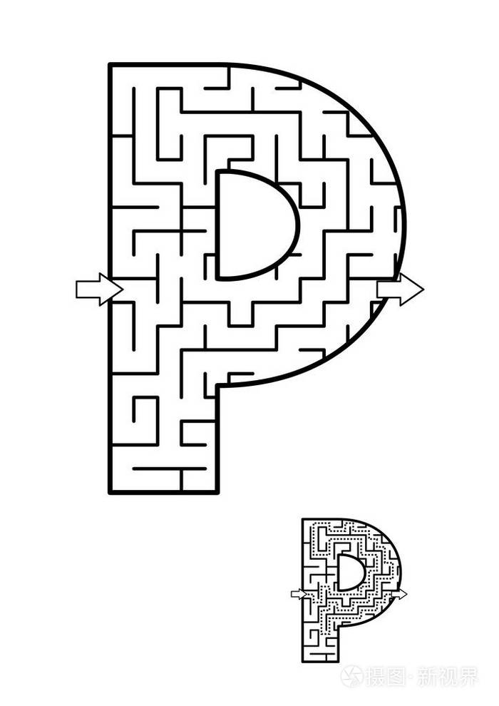 字母表学习乐趣和教育活动的儿童字母 p 迷宫游戏.答案包括