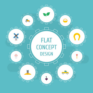 平面图标桶, 风车, 耕耘和其他矢量元素。一套农业平面图标符号也包括桶, 耙, 卡车对象