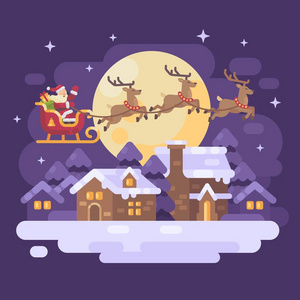 圣诞老人乘着三只驯鹿在雪橇上飞过白雪皑皑的冬日乡村风光。圣诞平面插图