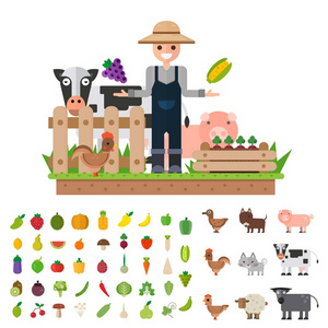 蔬菜水果。快乐农夫新鲜自然产品。平面样式中的矢量插图