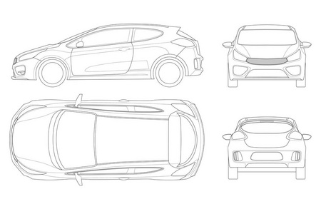 Sportcar 或掀背车。Suv 车上大纲，品牌和广告模板设置。白视图前 后 侧，顶一个孤立的模板矢量