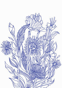 花卉主题的矢量插图。手绘背景花卉, 树叶和植物