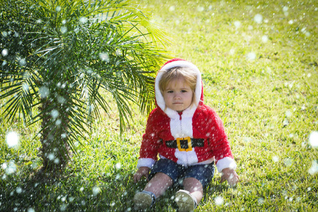 男孩坐在棕榈树在圣诞老人服装