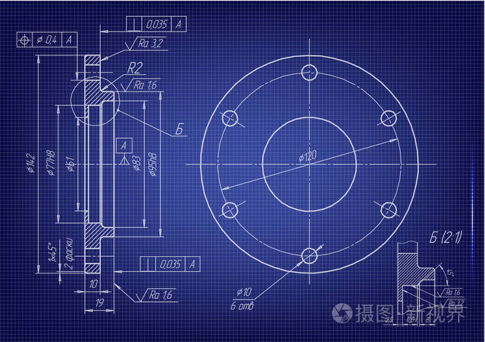 蓝色背景上的机械图纸