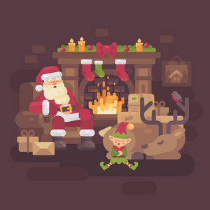 疲倦的圣诞老人与他的驯鹿和精灵睡在壁炉后, 一个艰难的圣诞节