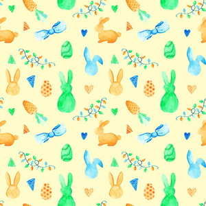 水彩兔子和鸡蛋无缝模式。复活节假期。对于卡片打印或背景
