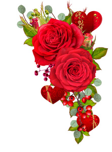 花卉背景。花环的花朵, 粉红色的玫瑰, 浆果和树叶。贺卡请柬名片情人节情侣