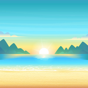 黄昏的海滩上有清澈平静的水, 天边有云和山。矢量卡通插图