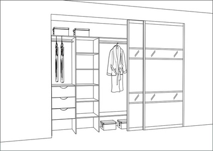 3d 矢量草图。室内有滑动门的衣柜