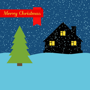 冬夜与孤独的房子和飘落的雪和红色丝带与题词快乐的圣诞节