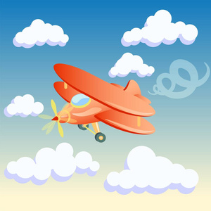 在早晨的天空与云彩的背景下的卡通飞机的矢量插图