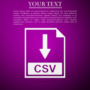 Csv 文件文档图标。下载 Csv 按钮图标紫色背景隔离。平面设计。矢量插图